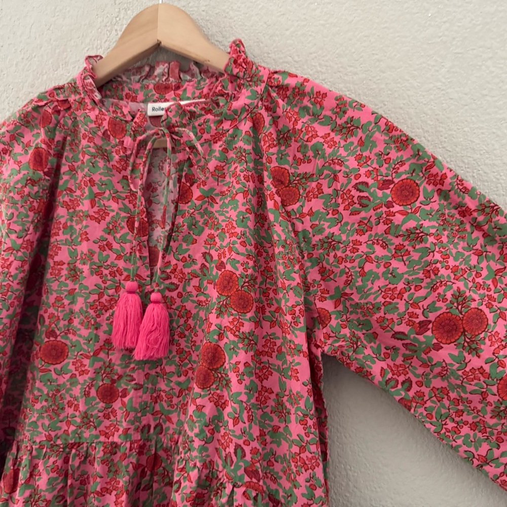 Roller Rabit Rhody Janni Dress Medium Pink Floral Ruffle Tiered Resort Vacation - Picture 8 of 12